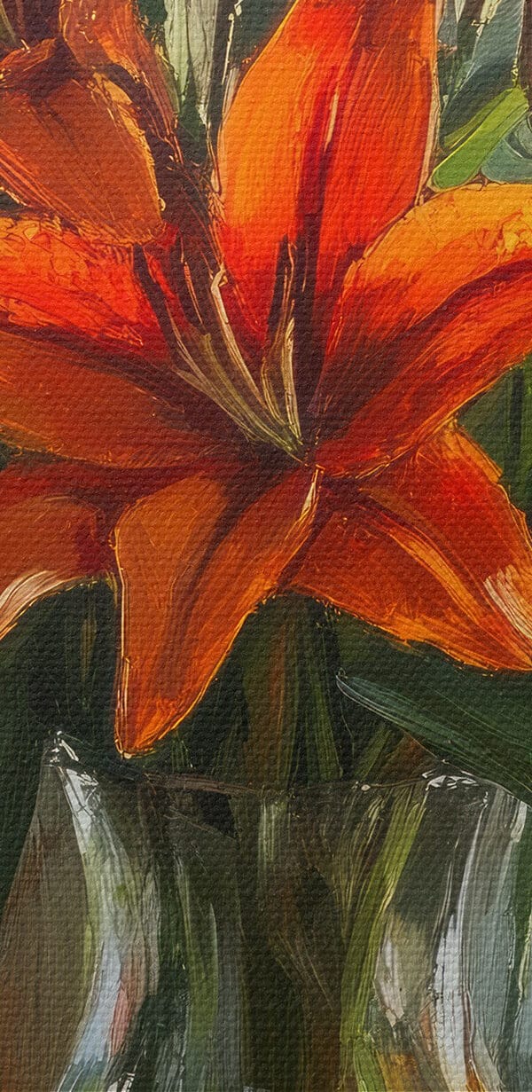 Schilderij van oranje bloemen in een glazen vaas Schilderij van oranje bloemen in een glazen vaas