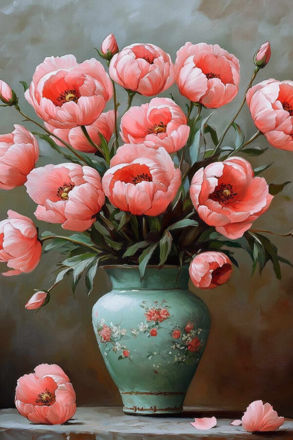 Schilderij van roze bloemen in een vaas Schilderij van roze bloemen in een vaas