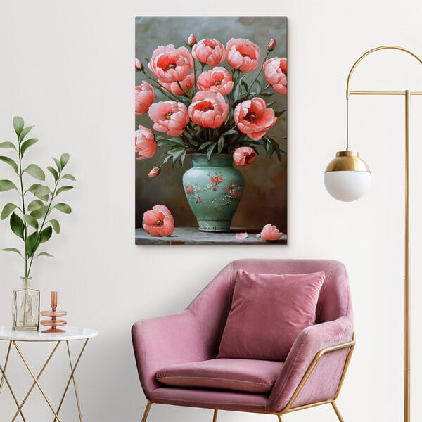 Schilderij van roze bloemen in een vaas Schilderij van roze bloemen in een vaas
