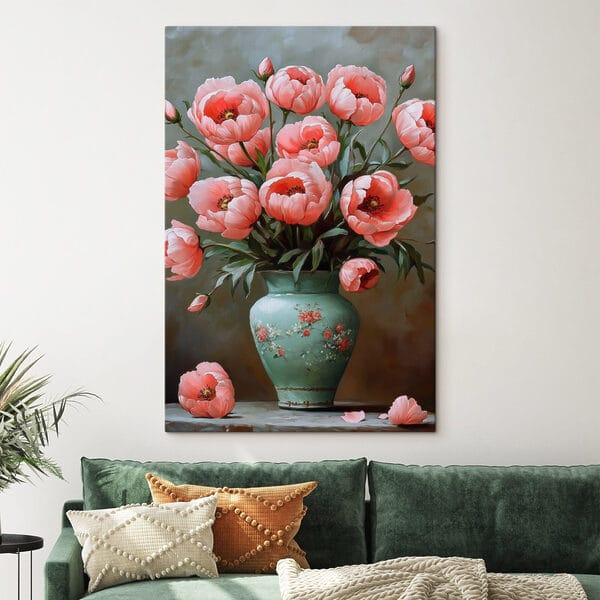 Schilderij van roze bloemen in een vaas Schilderij van roze bloemen in een vaas