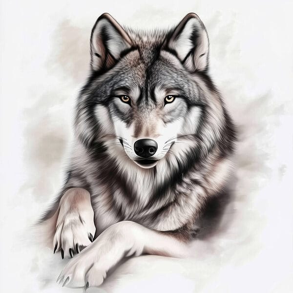 Wolf ligt naar de camera te kijken Wolf ligt naar de camera te kijken