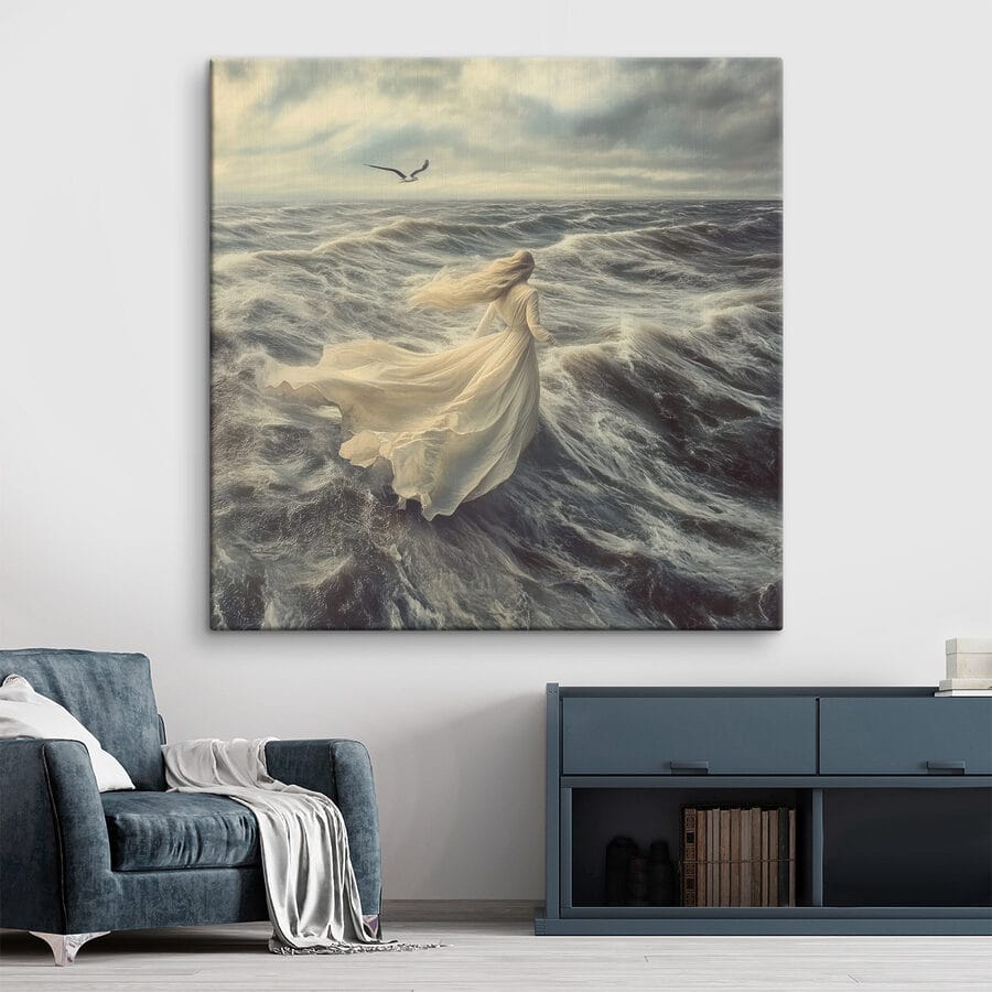 Vrouw in een witte jurk rent door de golven Vrouw in een witte jurk rent door de golven