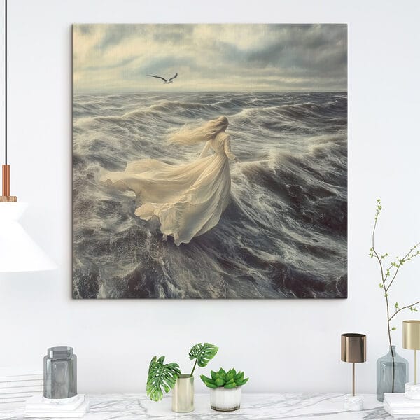 Vrouw in een witte jurk rent door de golven Vrouw in een witte jurk rent door de golven