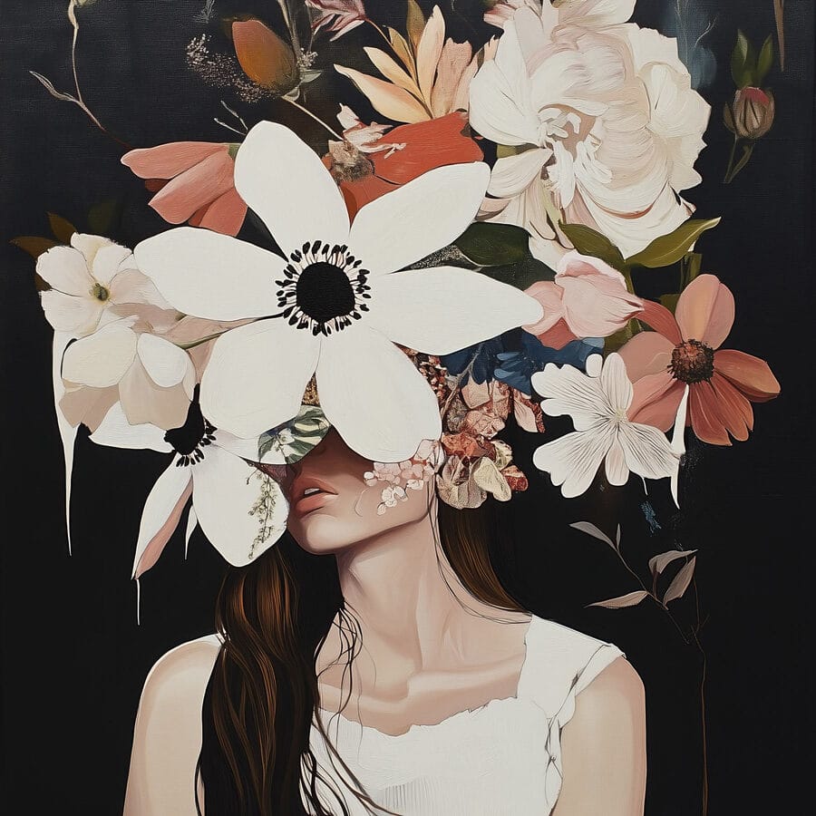 Schilderij van een vrouw met bloemen op haar gezicht