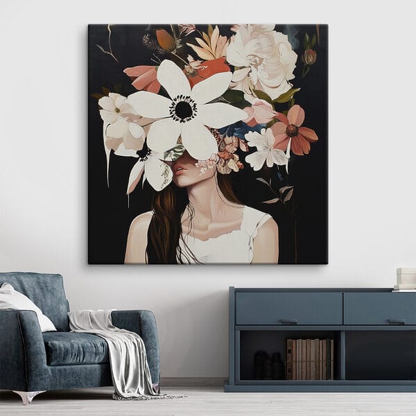 Schilderij van een vrouw met bloemen op haar gezicht Schilderij van een vrouw met bloemen op haar gezicht