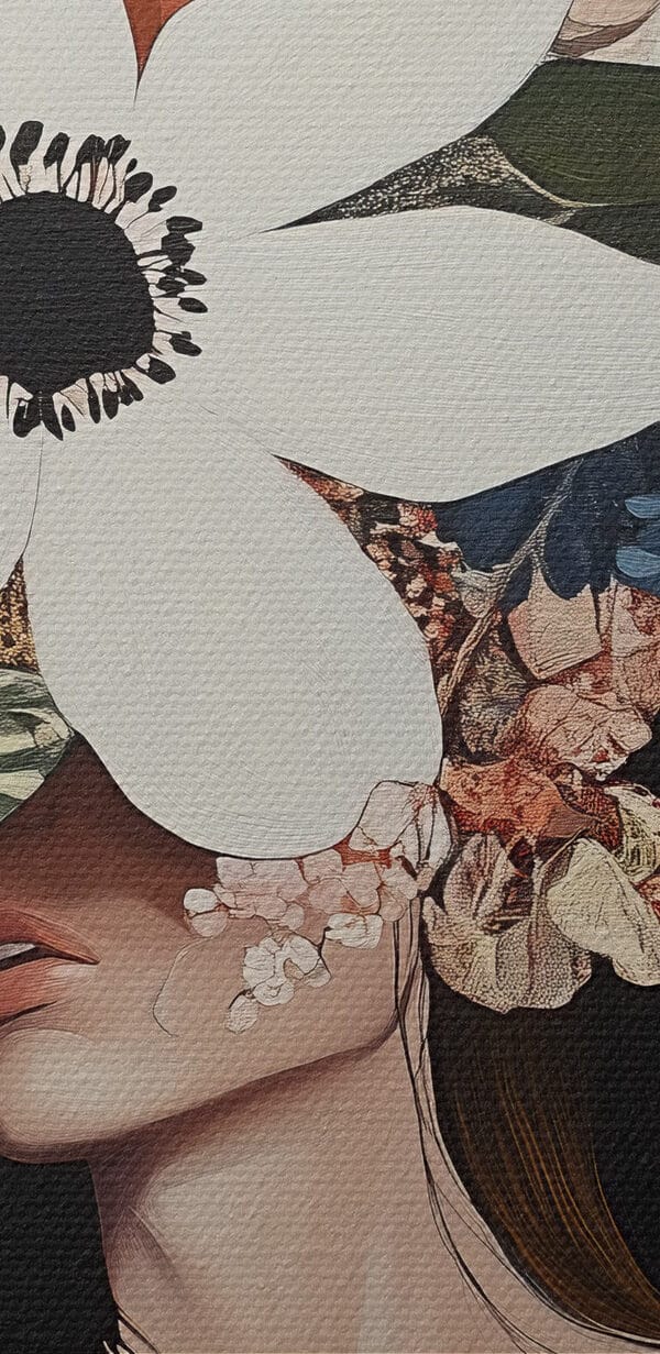 Schilderij van een vrouw met bloemen op haar gezicht Schilderij van een vrouw met bloemen op haar gezicht