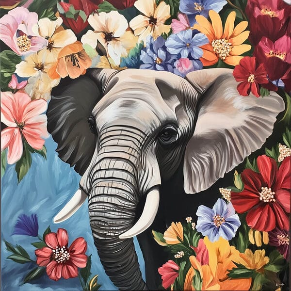 Een olifant met slagtanden in een bloementuin Een olifant met slagtanden in een bloementuin