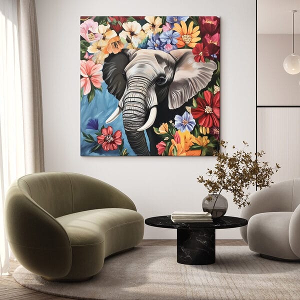 Een olifant met slagtanden in een bloementuin Een olifant met slagtanden in een bloementuin