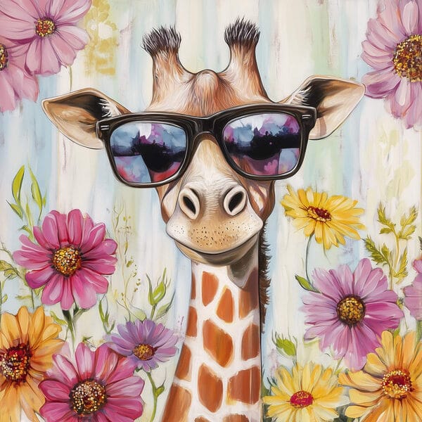 Giraffe met zonnebril en bloemen Giraffe met zonnebril en bloemen