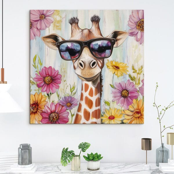 Giraffe met zonnebril en bloemen Giraffe met zonnebril en bloemen