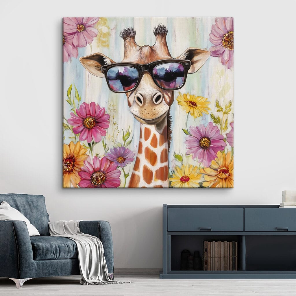 Giraffe wearing sunglasses and flowers