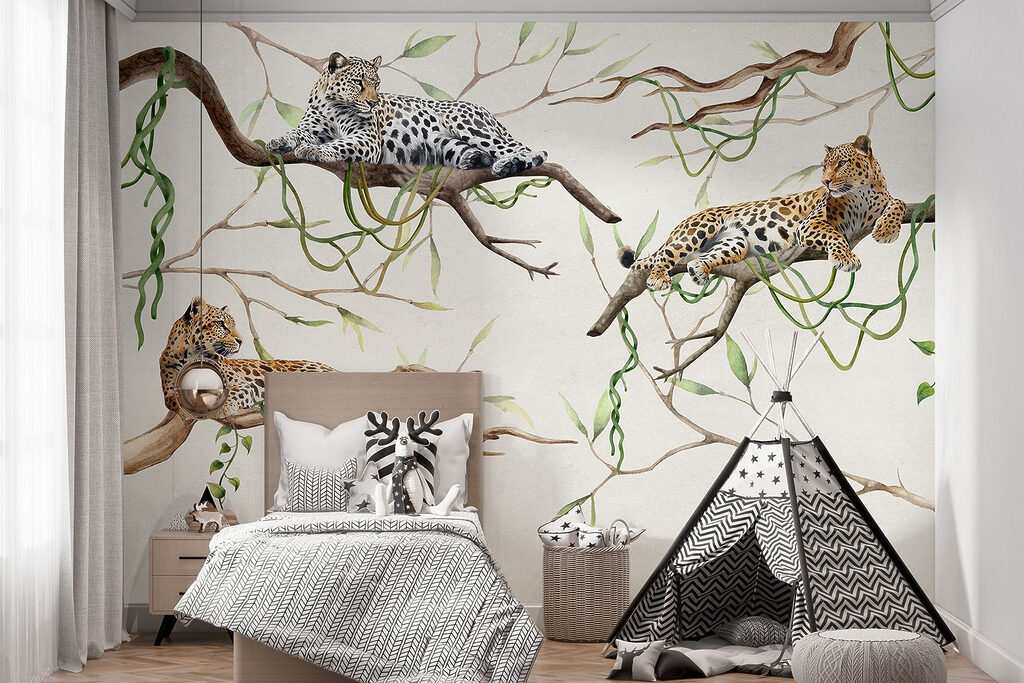 Group of leopards lying on branches Group of leopards lying on branches