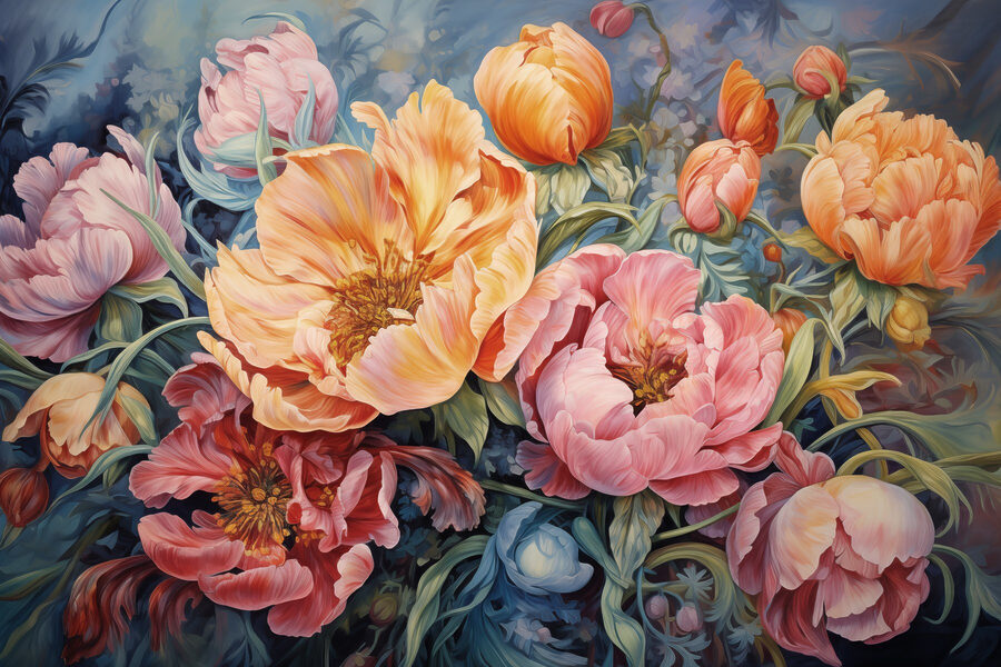 Schilderij van bloemen op een blauwe achtergrond