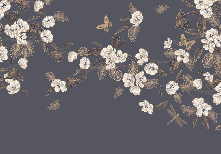 Witte bloemen en bladeren op een grijze achtergrond
