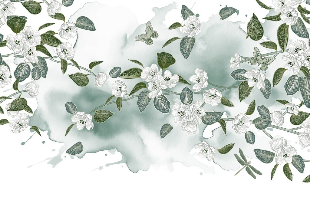 Witte bloemen en groene bladeren op een witte achtergrond Witte bloemen en groene bladeren op een witte achtergrond