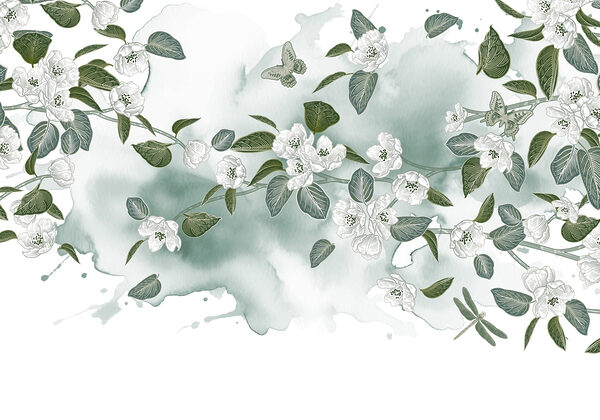 Witte bloemen en groene bladeren op een witte achtergrond Witte bloemen en groene bladeren op een witte achtergrond
