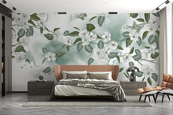Witte bloemen en groene bladeren op een witte achtergrond Witte bloemen en groene bladeren op een witte achtergrond