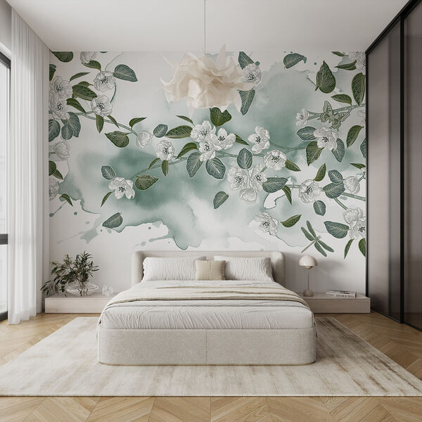 Witte bloemen en groene bladeren op een witte achtergrond Witte bloemen en groene bladeren op een witte achtergrond