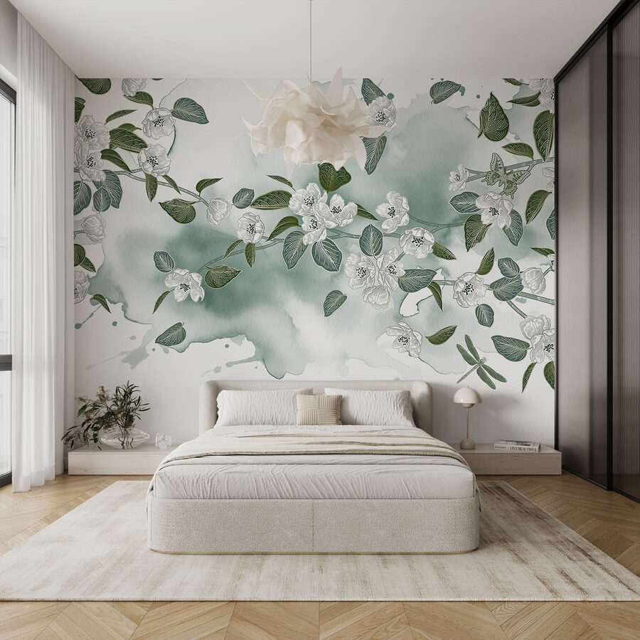 Witte bloemen en groene bladeren op een witte achtergrond