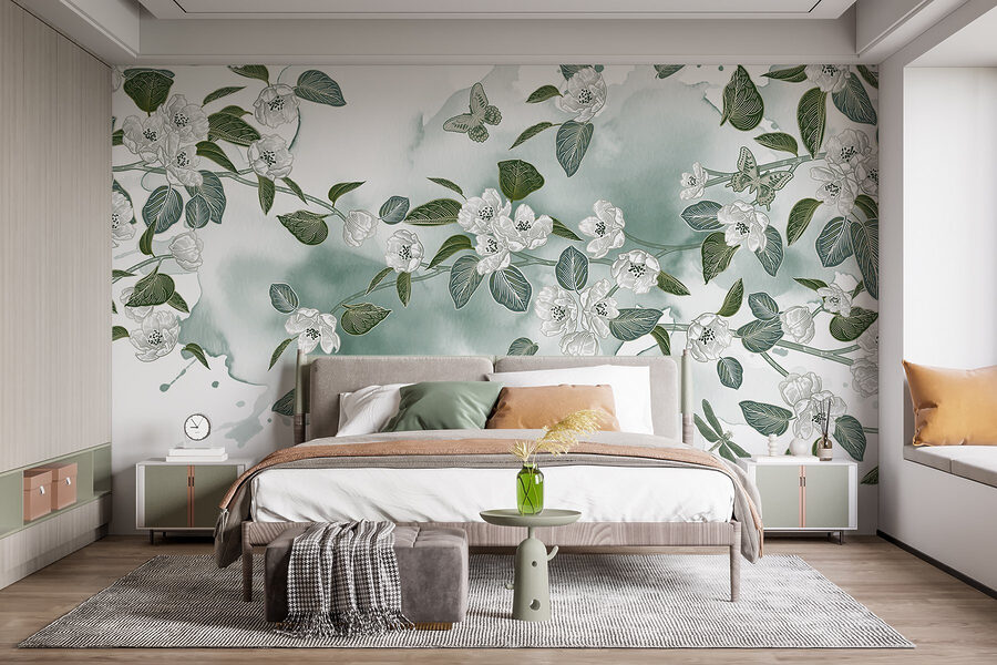 Witte bloemen en groene bladeren op een witte achtergrond