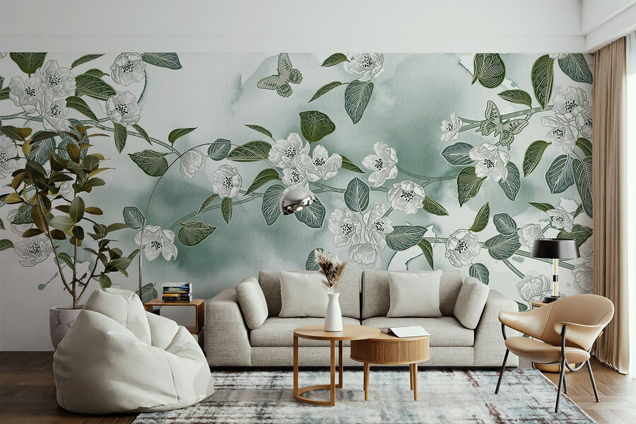 Witte bloemen en groene bladeren op een witte achtergrond