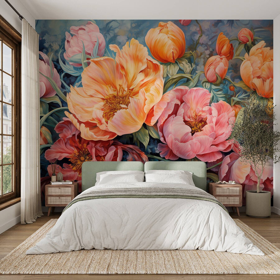 Schilderij van bloemen op een blauwe achtergrond