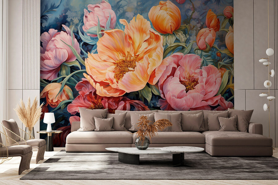 Schilderij van bloemen op een blauwe achtergrond