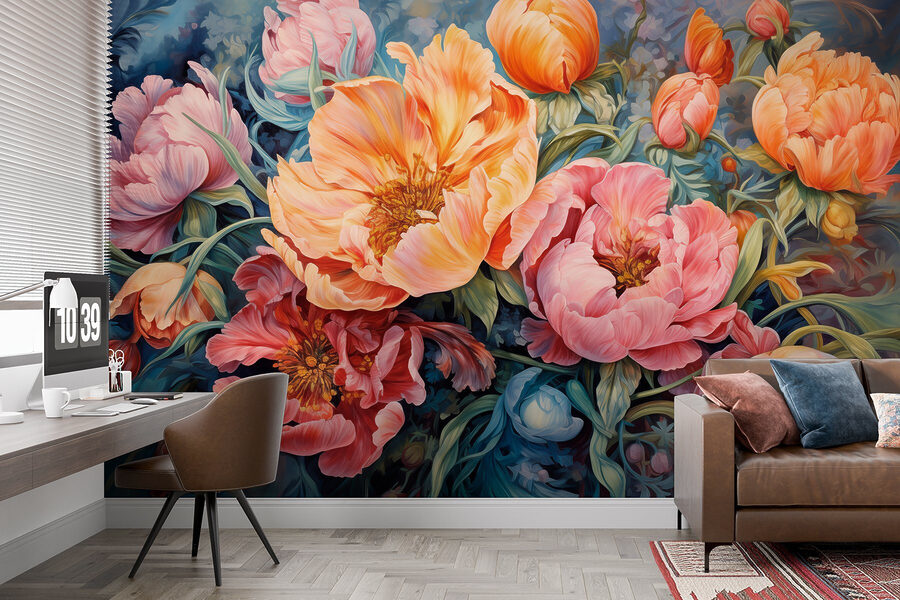 Schilderij van bloemen op een blauwe achtergrond