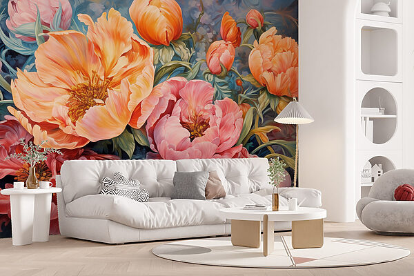 Schilderij van bloemen op een blauwe achtergrond Schilderij van bloemen op een blauwe achtergrond