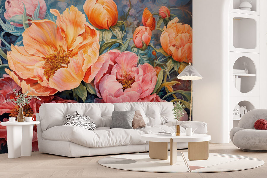 Schilderij van bloemen op een blauwe achtergrond