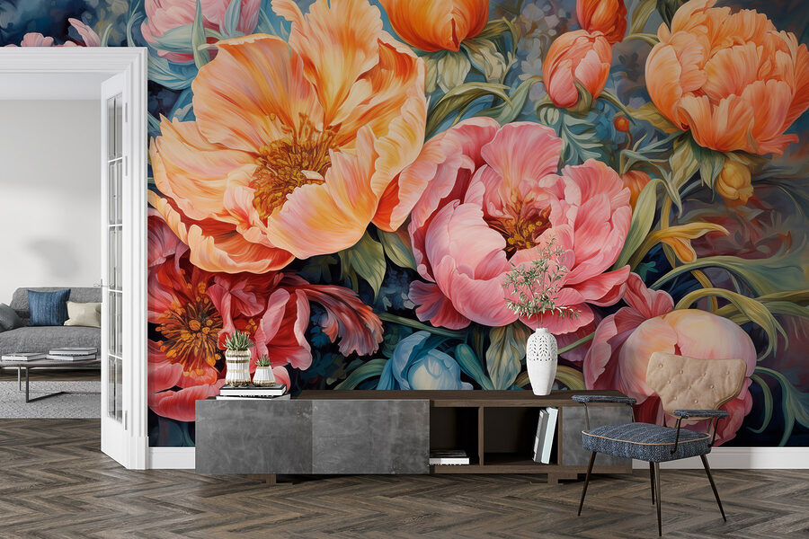 Schilderij van bloemen op een blauwe achtergrond