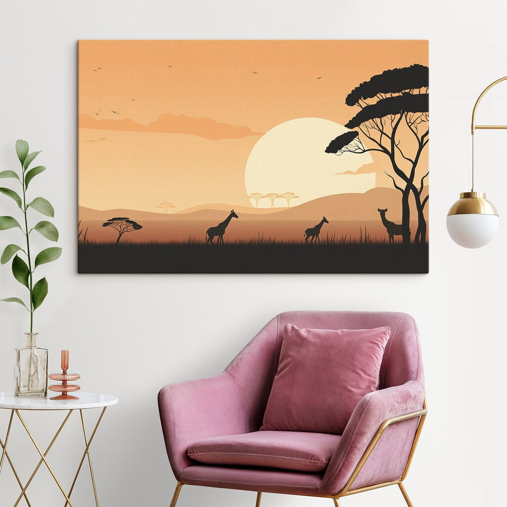 Giraffes walking in a grassy field with trees and a sunset Giraffes walking in a grassy field with trees and a sunset