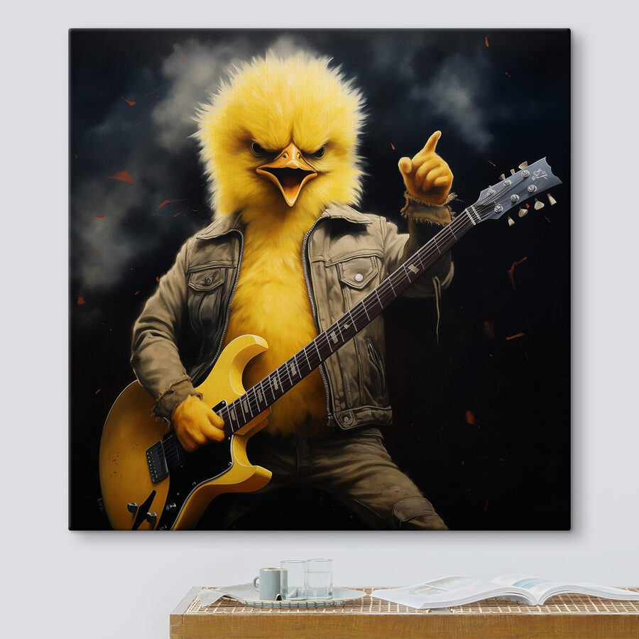Persoon in een kippenpak die gitaar speelt Persoon in een kippenpak die gitaar speelt