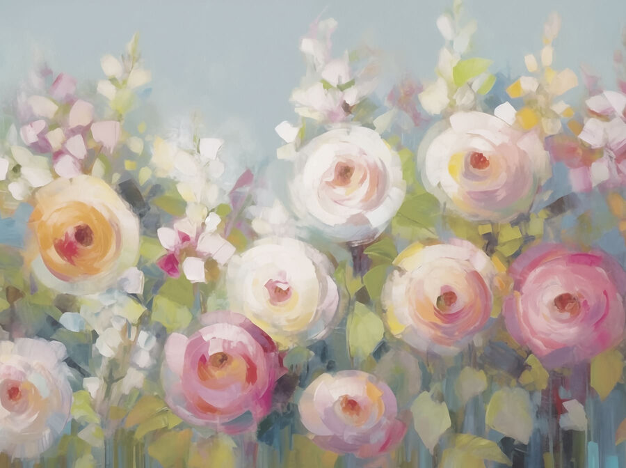 Schilderij van bloemen op een blauwe achtergrond