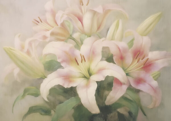 Schilderij van een groep roze bloemen Schilderij van een groep roze bloemen