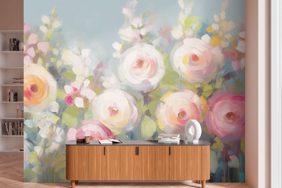 Schilderij van bloemen op een blauwe achtergrond
