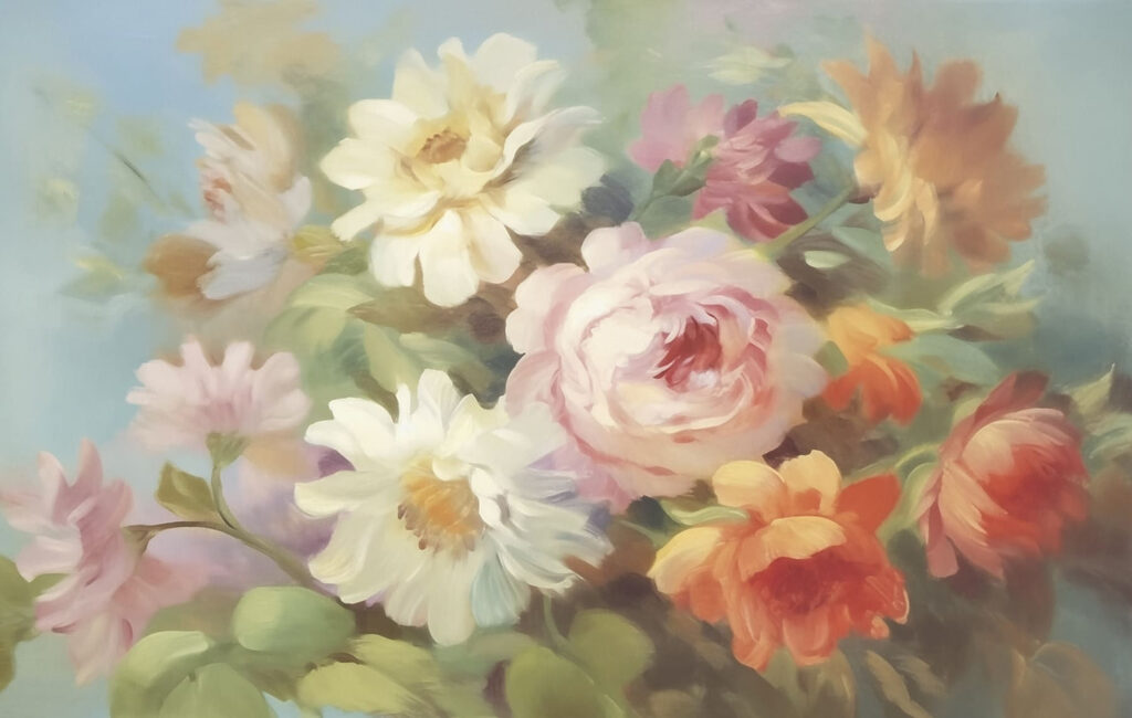 Schilderij van bloemen op een blauwe achtergrond Schilderij van bloemen op een blauwe achtergrond