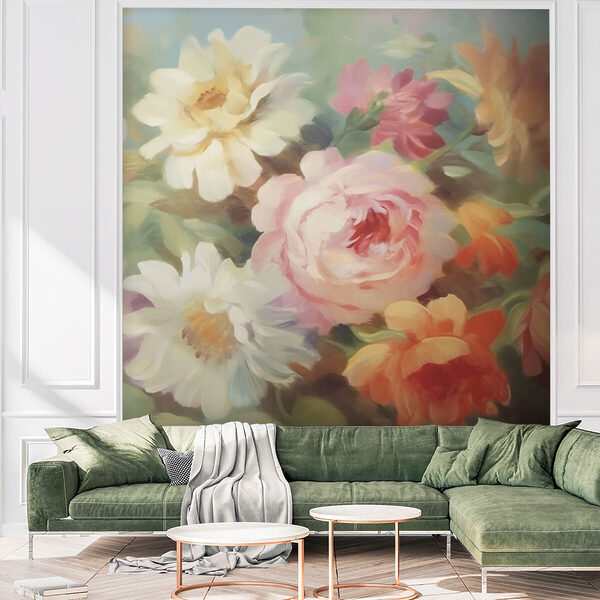 Schilderij van bloemen op een blauwe achtergrond Schilderij van bloemen op een blauwe achtergrond