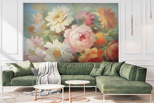 Schilderij van bloemen op een blauwe achtergrond Schilderij van bloemen op een blauwe achtergrond