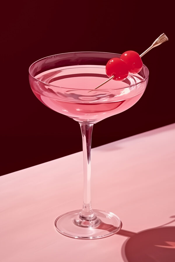 Glas met roze vloeistof en twee kersen erop Glas met roze vloeistof en twee kersen erop