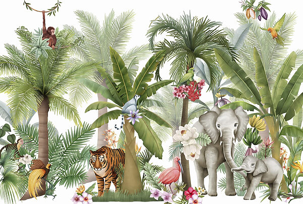 Behang met dieren en vogels in de jungle Behang met dieren en vogels in de jungle