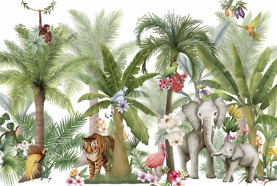 Behang met dieren en vogels in de jungle Behang met dieren en vogels in de jungle