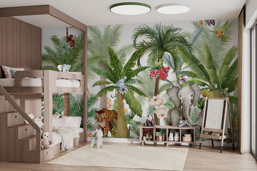 Behang met dieren en vogels in de jungle Behang met dieren en vogels in de jungle