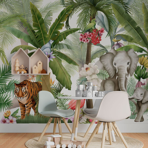 Behang met dieren en vogels in de jungle Behang met dieren en vogels in de jungle