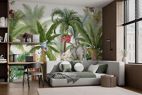 Behang met dieren en vogels in de jungle Behang met dieren en vogels in de jungle