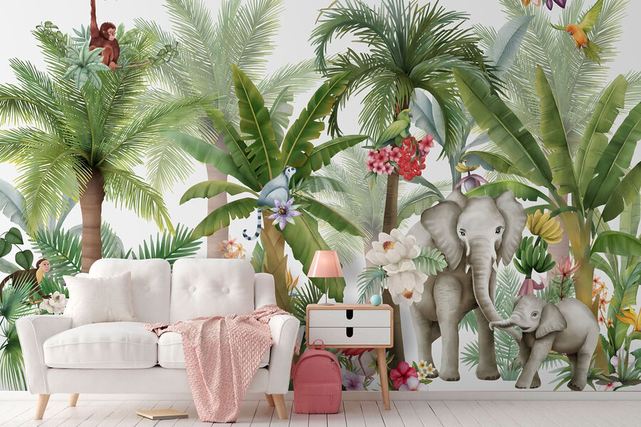 Behang met dieren en vogels in de jungle Behang met dieren en vogels in de jungle