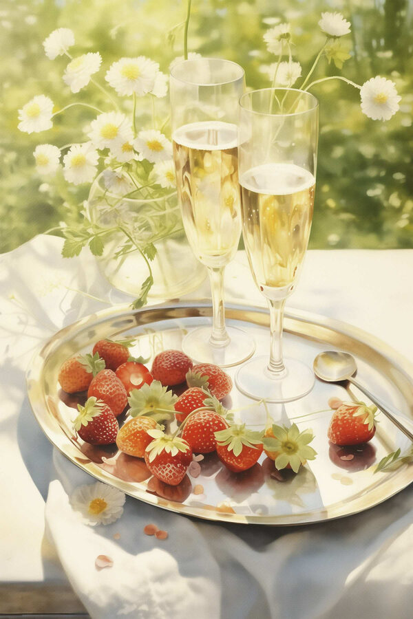 Dienblad met champagne en aardbeien Dienblad met champagne en aardbeien