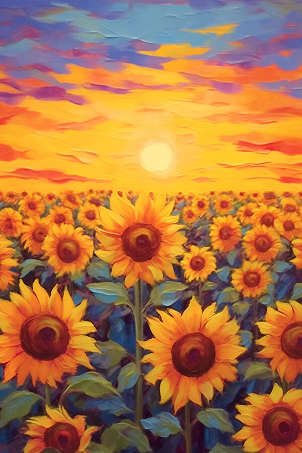 Schilderij van zonnebloemen in een veld Schilderij van zonnebloemen in een veld