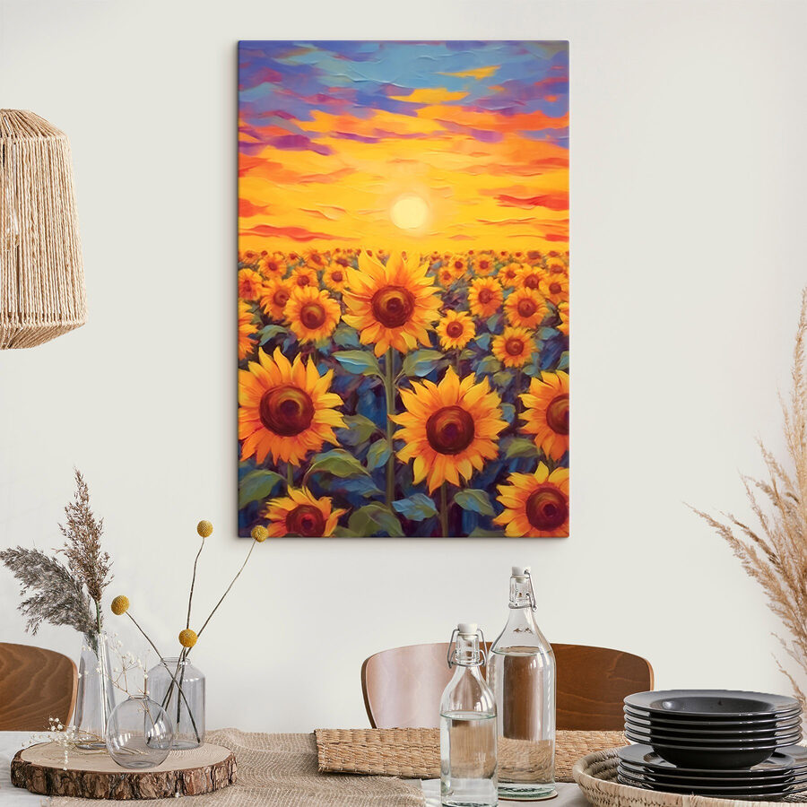 Schilderij van zonnebloemen in een veld