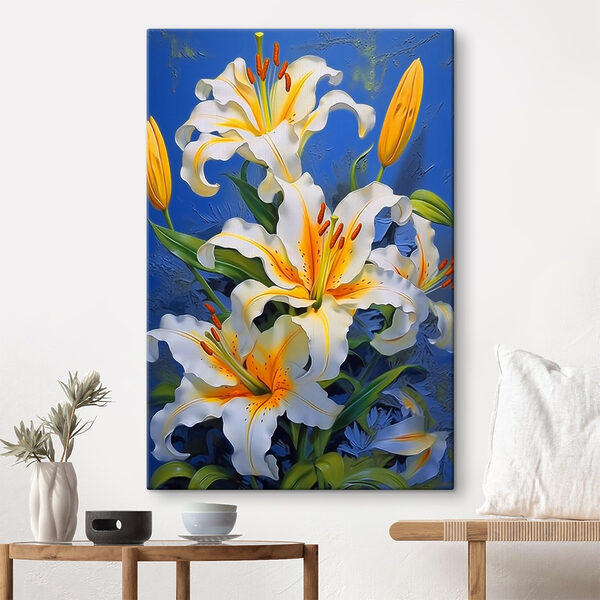 Levendige lelies tegen een blauwe achtergrond. Levendige lelies tegen een blauwe achtergrond.